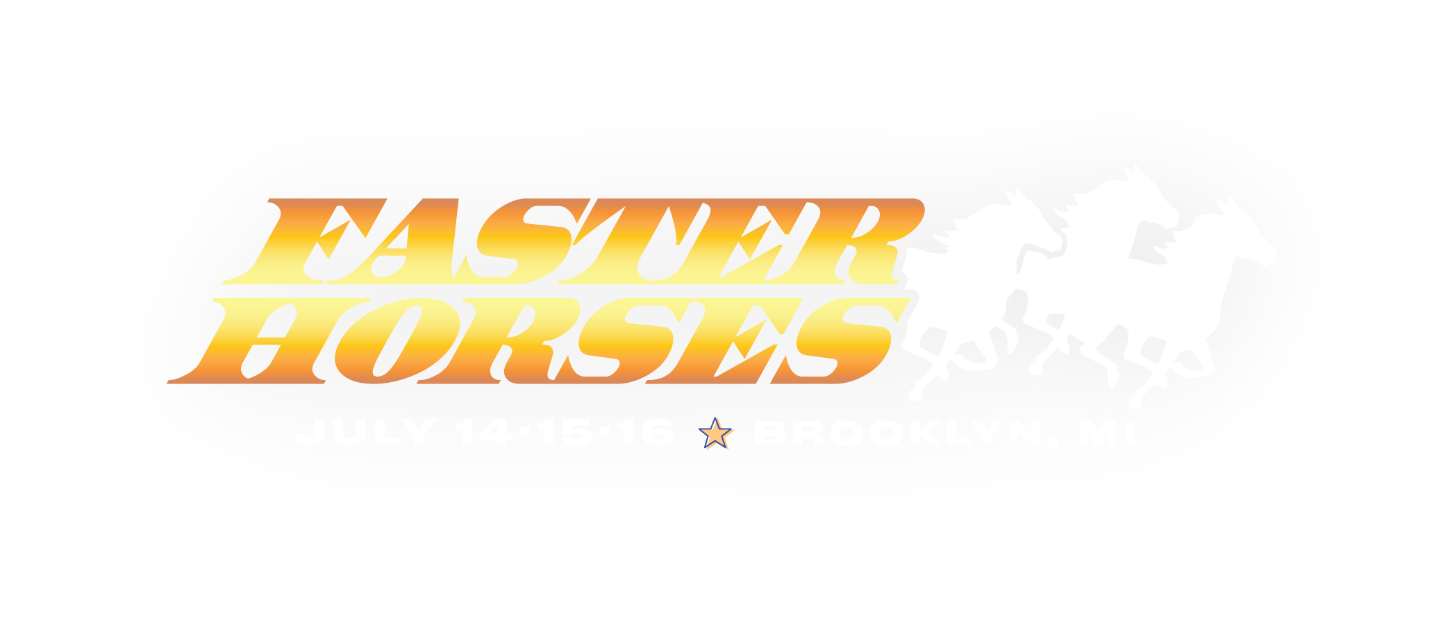 Faster Horses 2023 logo with dates (July 14, 15, 16) and location (Brooklyn, MI)